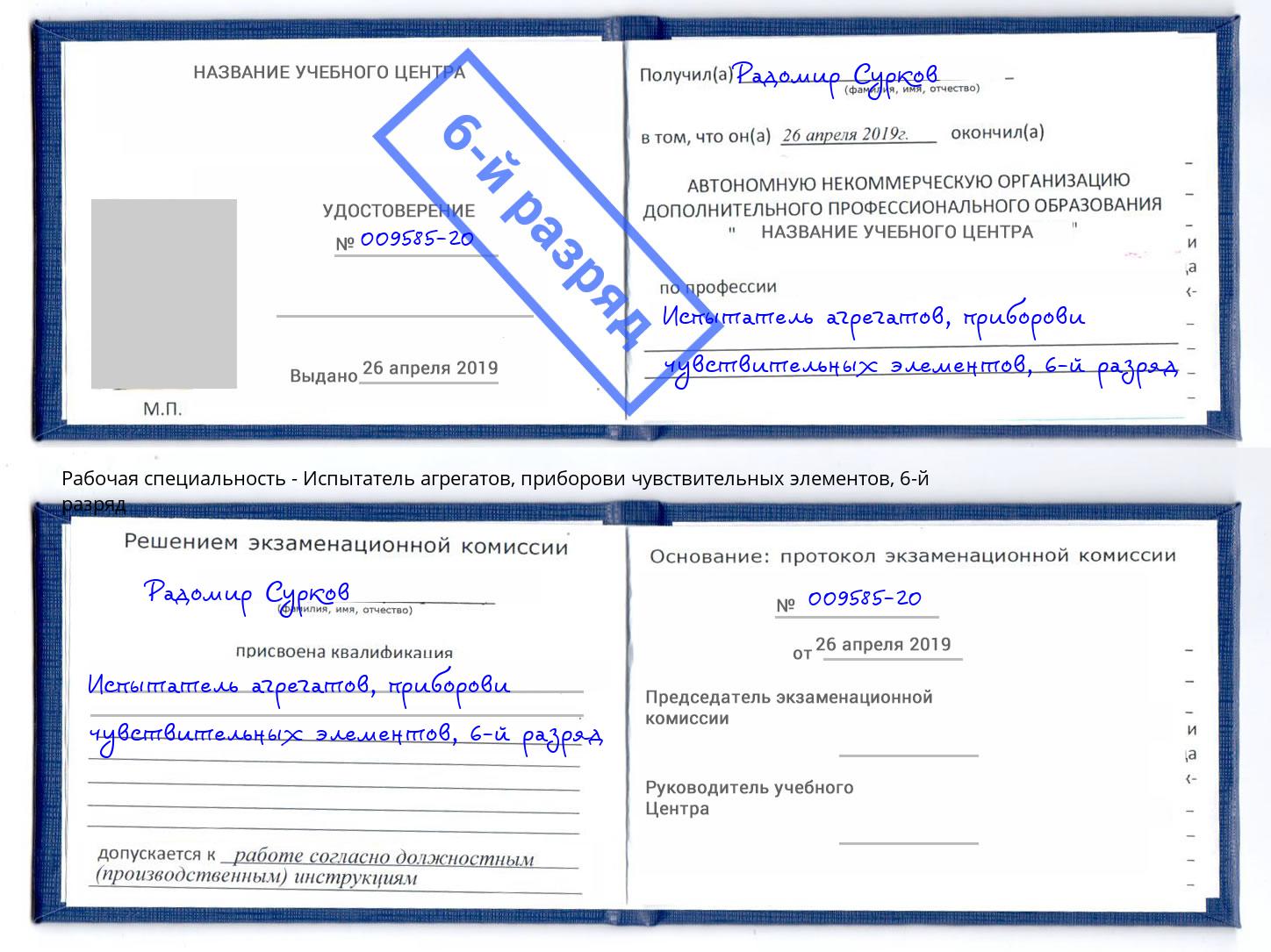 корочка 6-й разряд Испытатель агрегатов, приборови чувствительных элементов Мариинск
