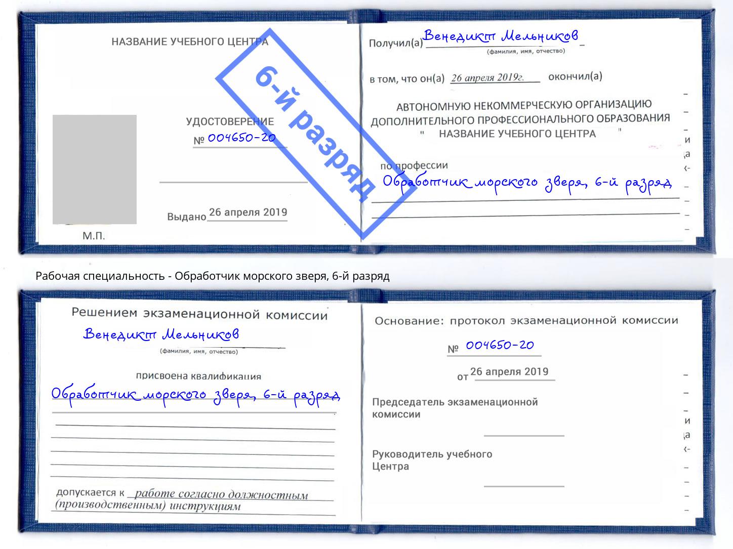 корочка 6-й разряд Обработчик морского зверя Мариинск