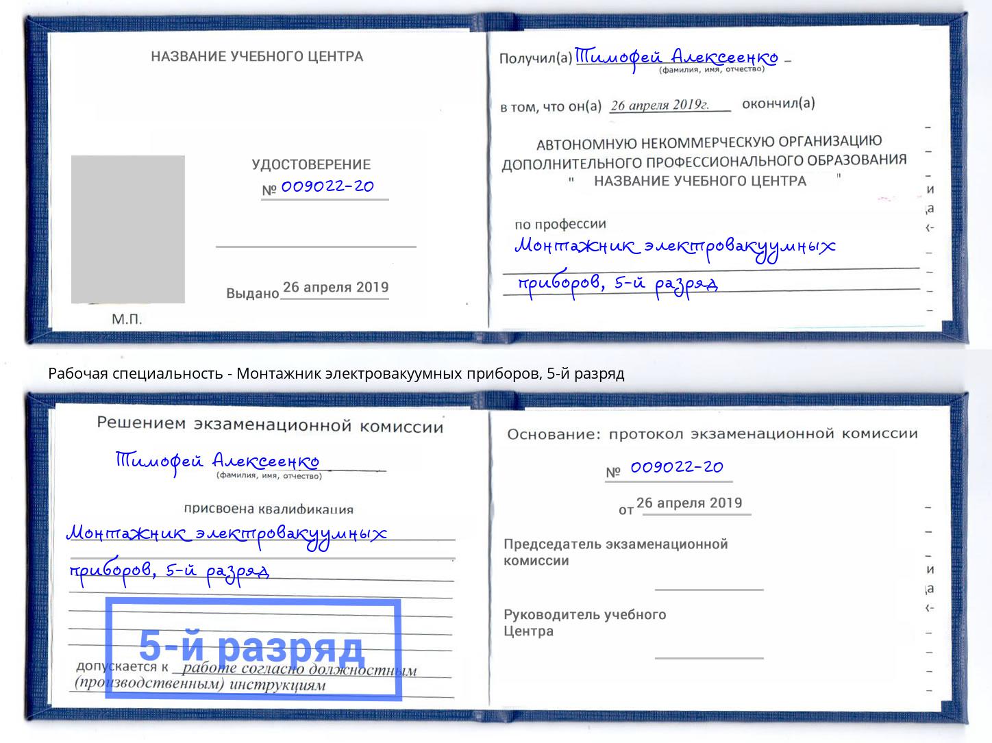 корочка 5-й разряд Монтажник электровакуумных приборов Мариинск