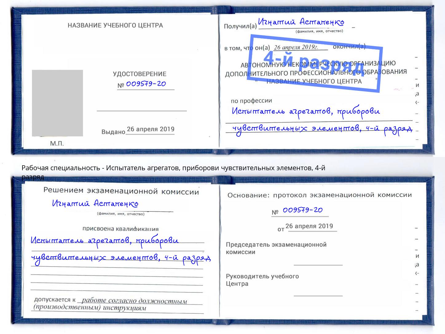 корочка 4-й разряд Испытатель агрегатов, приборови чувствительных элементов Мариинск