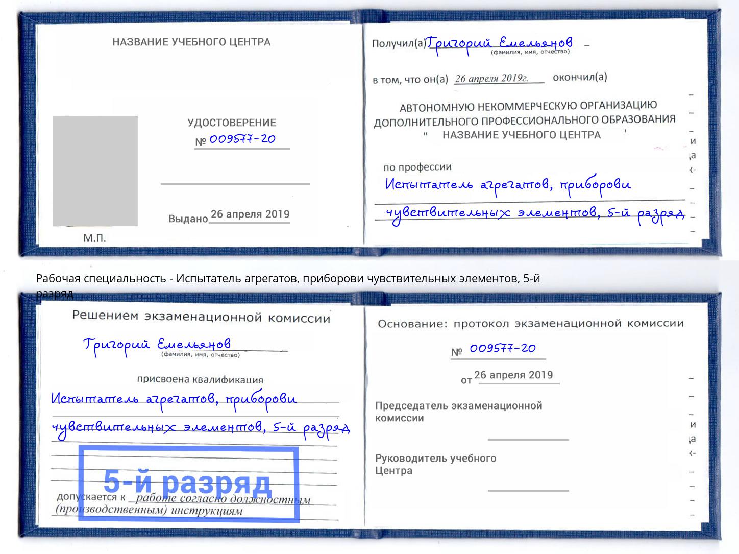 корочка 5-й разряд Испытатель агрегатов, приборови чувствительных элементов Мариинск