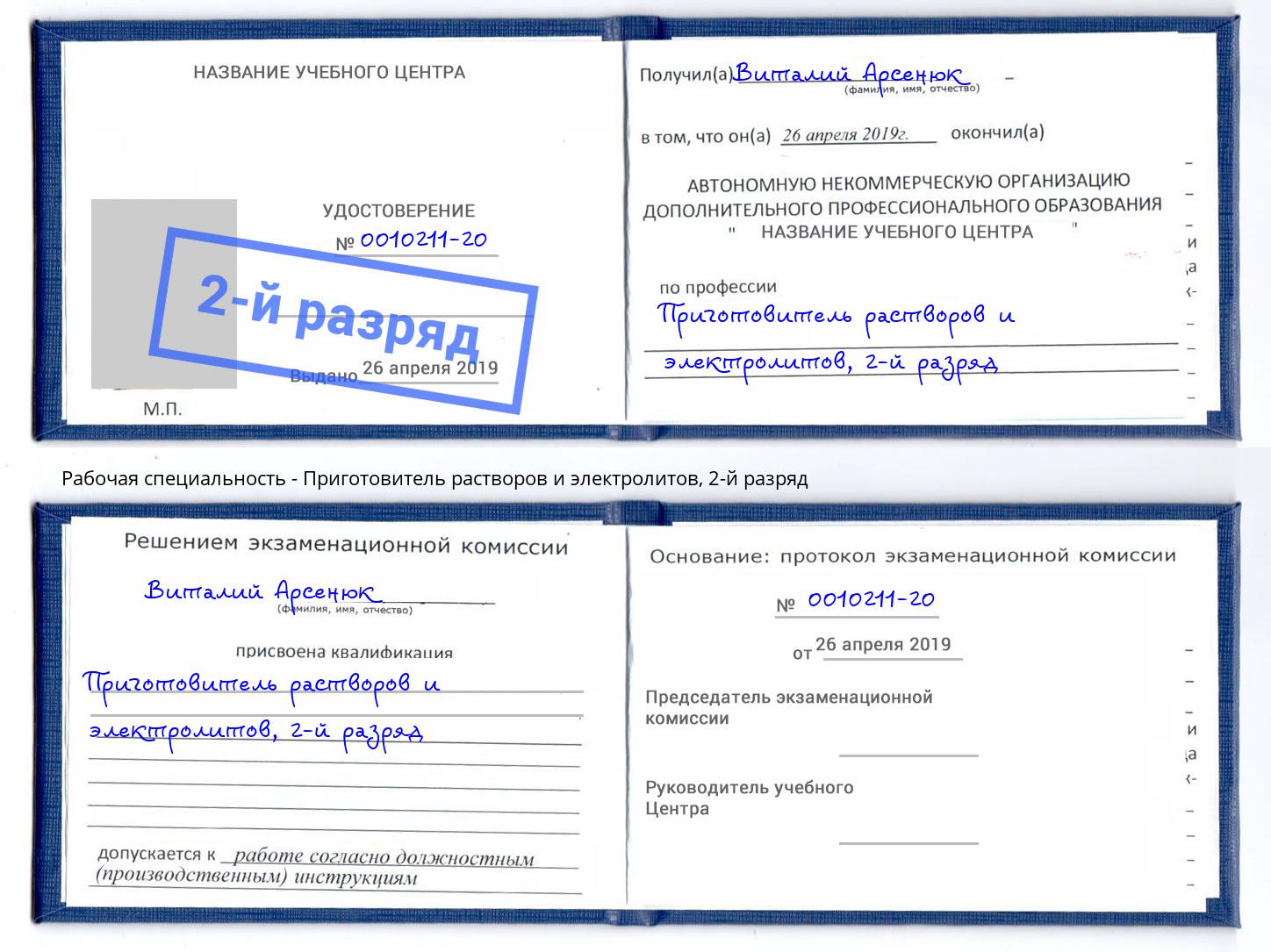 корочка 2-й разряд Приготовитель растворов и электролитов Мариинск