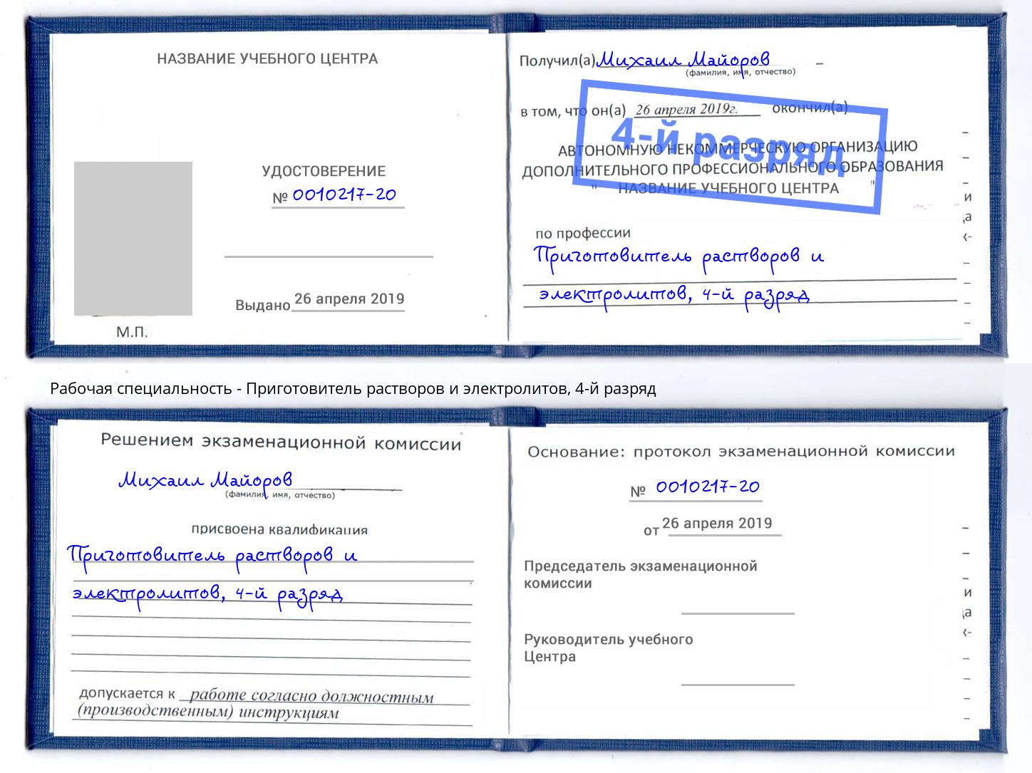 корочка 4-й разряд Приготовитель растворов и электролитов Мариинск