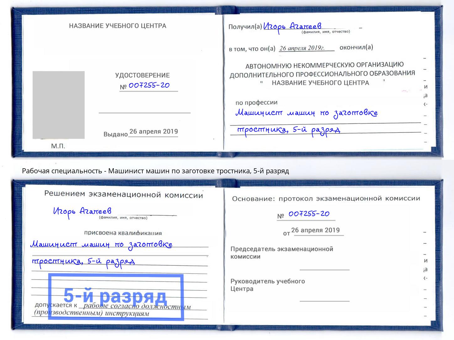 корочка 5-й разряд Машинист машин по заготовке тростника Мариинск