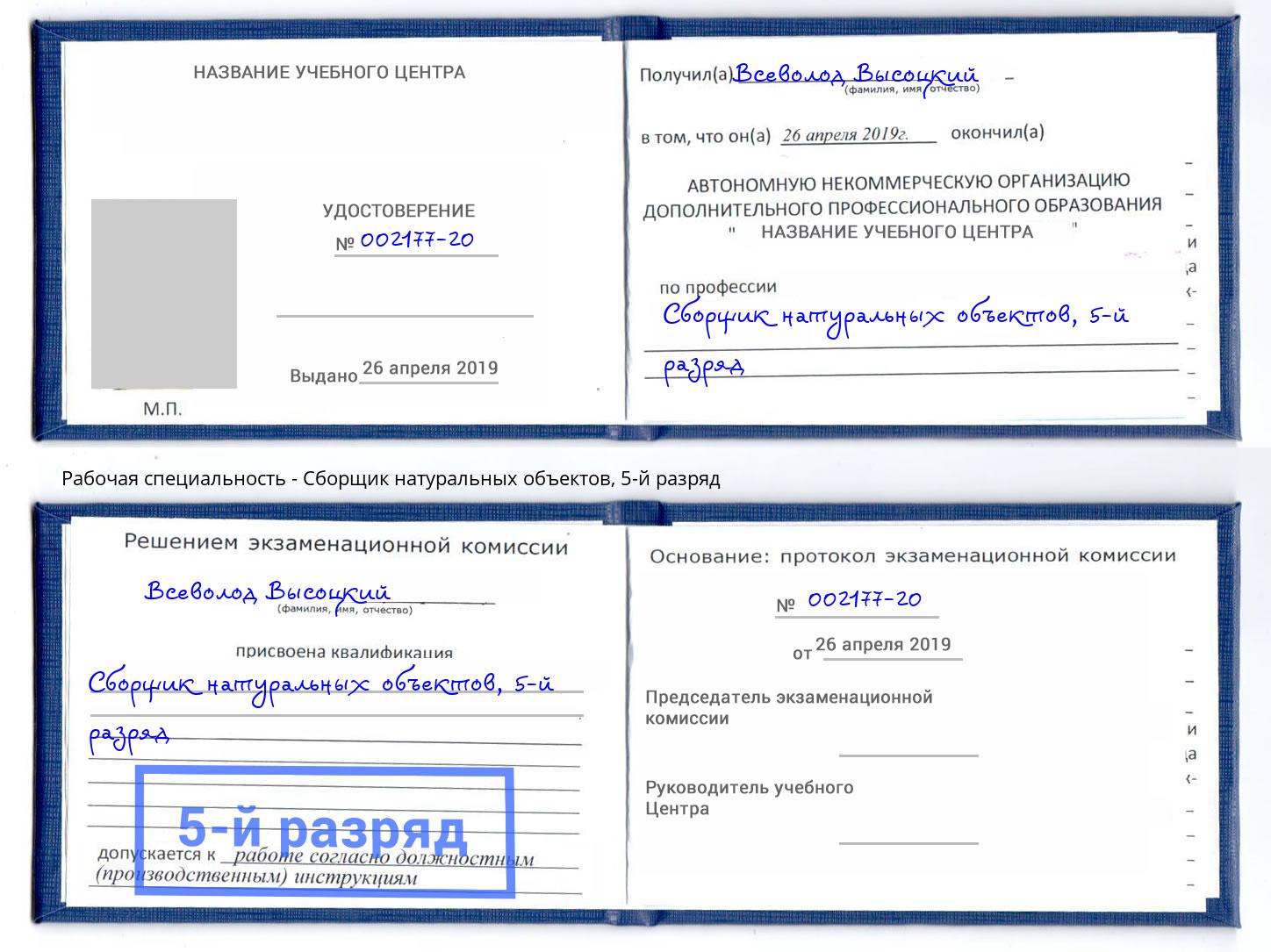 корочка 5-й разряд Сборщик натуральных объектов Мариинск