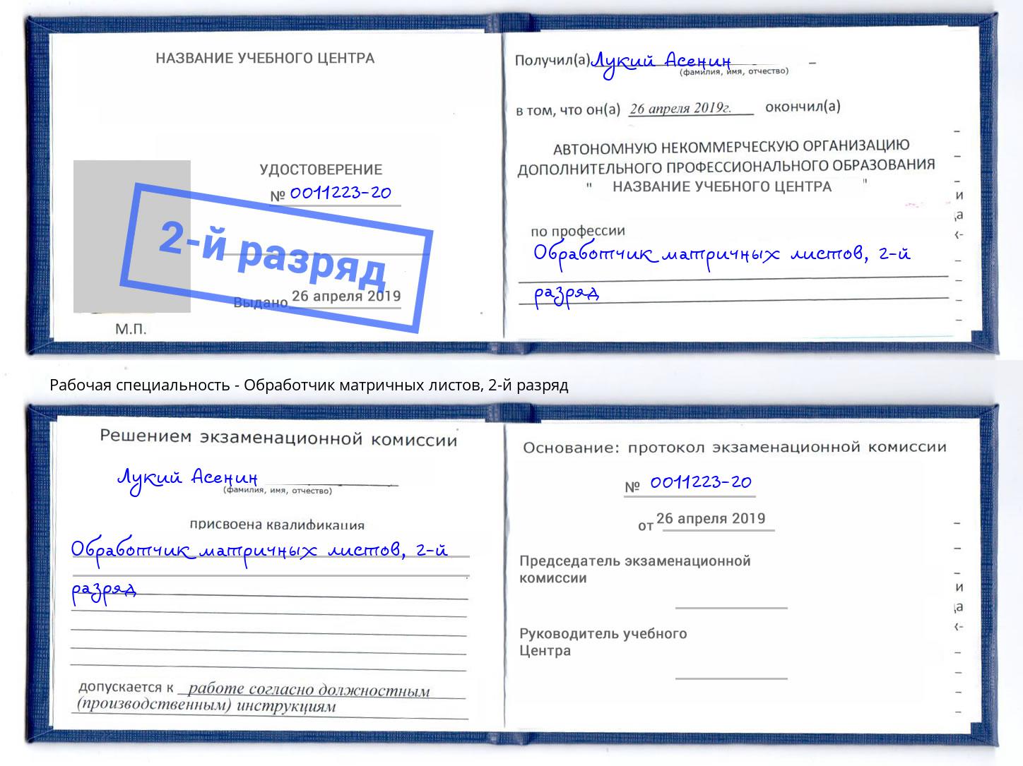 корочка 2-й разряд Обработчик матричных листов Мариинск