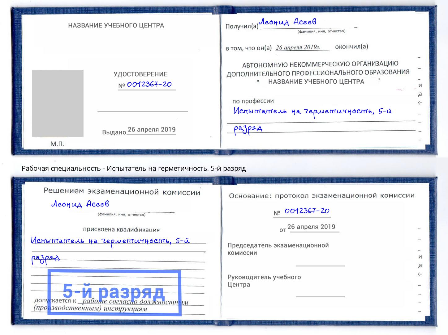 корочка 5-й разряд Испытатель на герметичность Мариинск