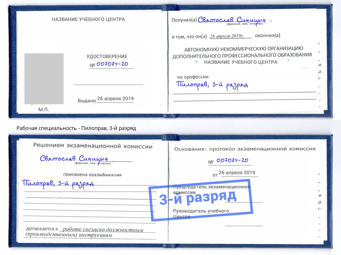 корочка 3-й разряд Пилоправ Мариинск