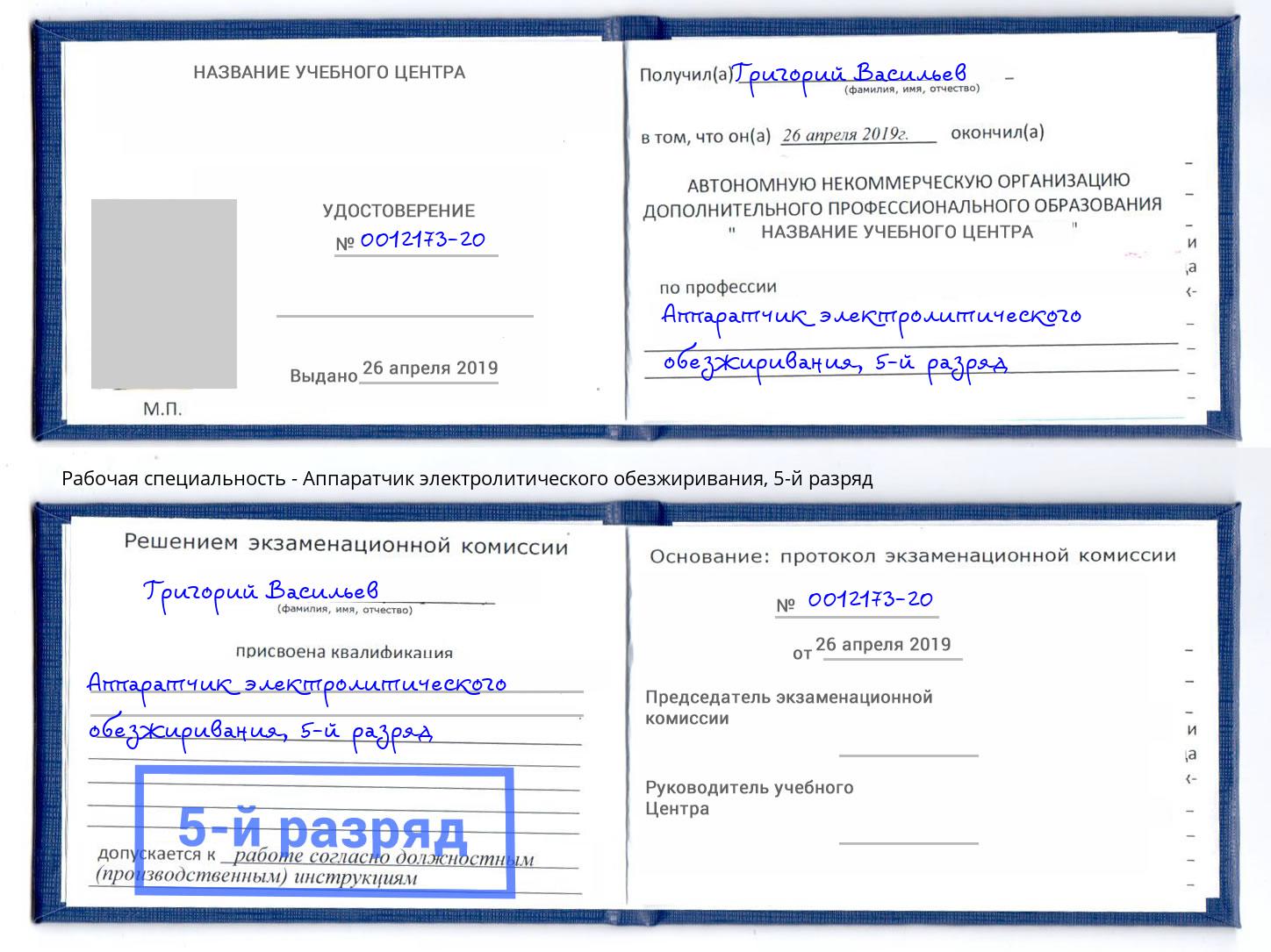 корочка 5-й разряд Аппаратчик электролитического обезжиривания Мариинск