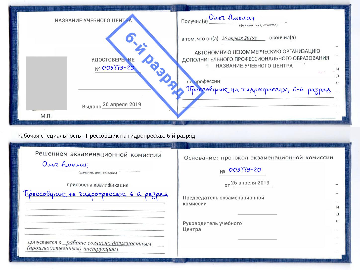 корочка 6-й разряд Прессовщик на гидропрессах Мариинск